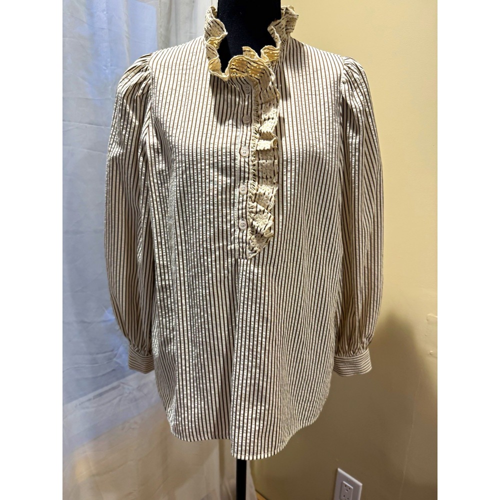 Entro Beige Brown Striped Prairie High Collared Ruffle Lace Button Puff Sleeve S